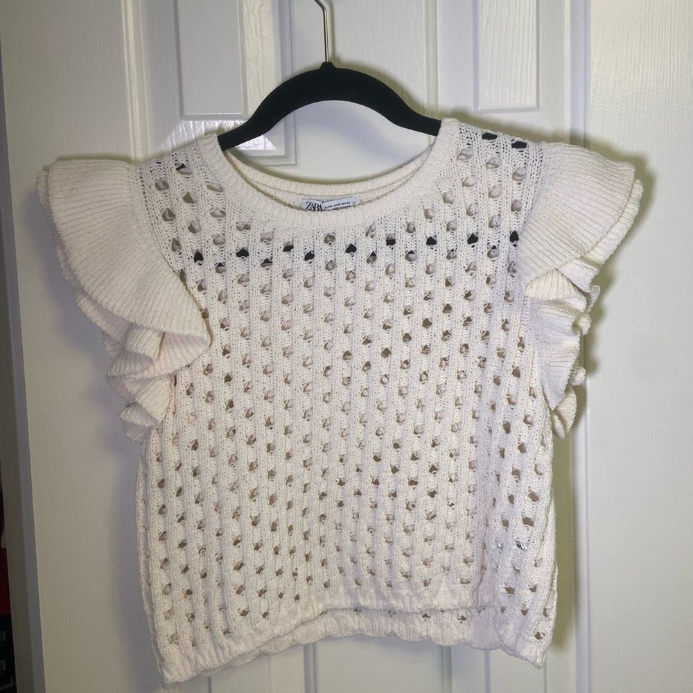 Zara White Ruffle Sleeve Knit Sweater
